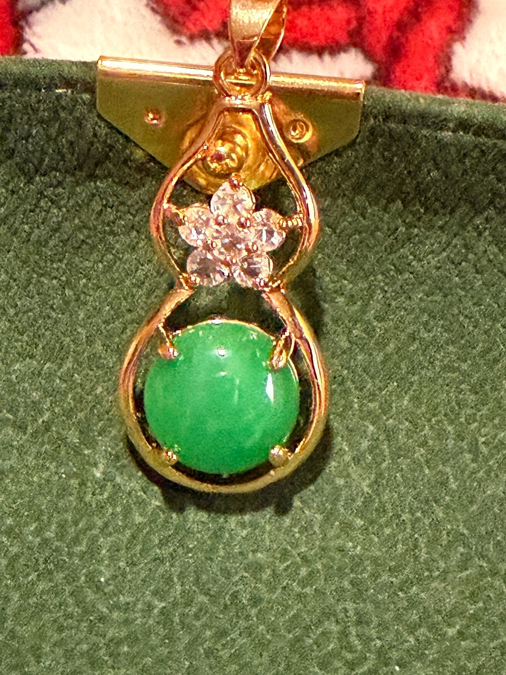 Gold Plated Green Jade Pendant with Flower Accent
